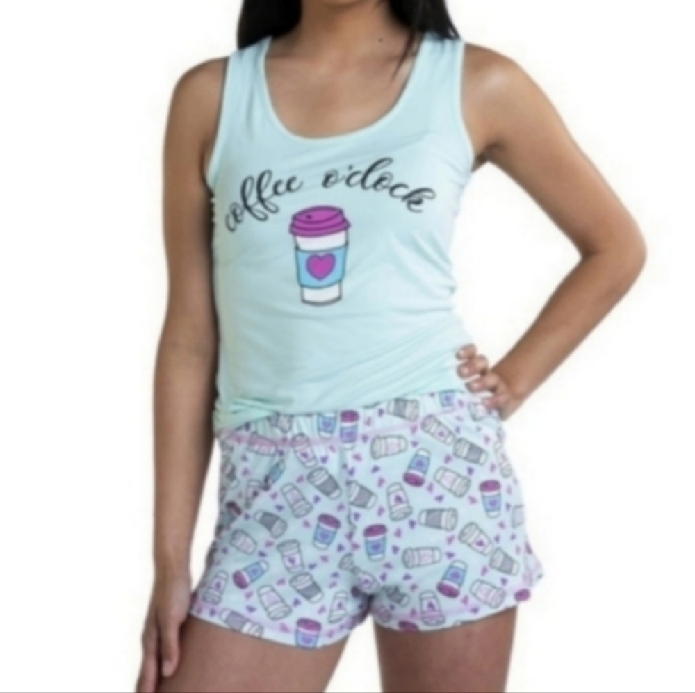 2 pc Coffee O`Clock Coffee Cup Print Tank & Shorts Pajama Set AquaBlue
